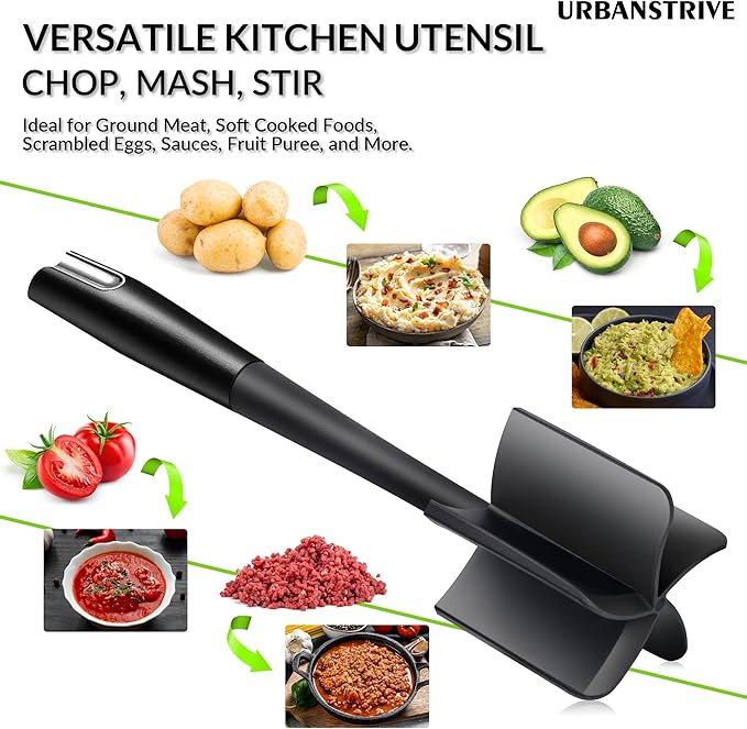 Urbanstrive Heavy Duty Meat Chopper for Ground Beef, Durable Ground Beef Smasher, Non-Scratch Hamburger Chopper, Non-slip Ground Meat Chopper and Meat Masher Ground Beef (Black)