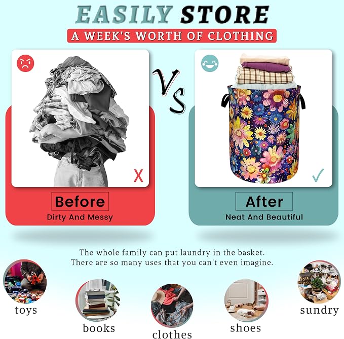 Abstract Hippie Flower Laundry Basket Watercolor Floral Laundry Hamper Foldable Oxford Cloth Colorful Tote Bag Clothes Toy Storage Bucket For Bathroom/Laundry Storage/Bedroom 18.9 x 16.5 Inch