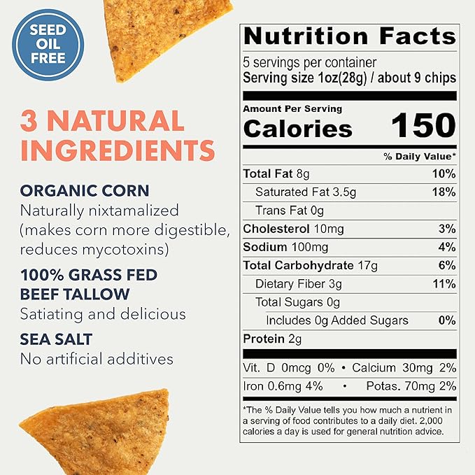 MASA CHIPS - Tortilla Chips Snack Pack - Seed Oil Free, Naturally Grown Corn Chips - Low Carb Snacks - Made with Grass Fed Tallow & Sea Salt - 6 Pack, 5 Ounce Each