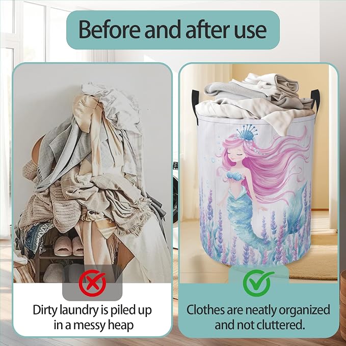 Mermaid Laundry Basket With Handles Tote Bag Oxford Cloth Funny Laundry Hamper Clothes Storage Bucket Toy Organizer 16" X 20.8"For Bathroom/Laundry/Bedroom