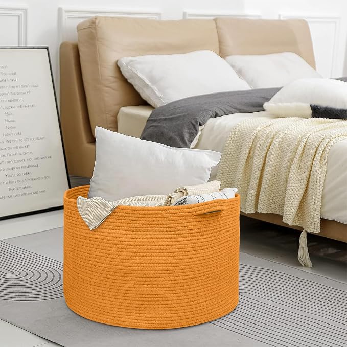 MEGASKET Extra Large Orange Basket, 22" X 22" X 14" Woven Cotton Rope Bins for Blankets, Baby Nursery Wicker Laundry Towel Basket, Kids Dog Toy Storage Box, Big Orange Living Room Decor Organizer