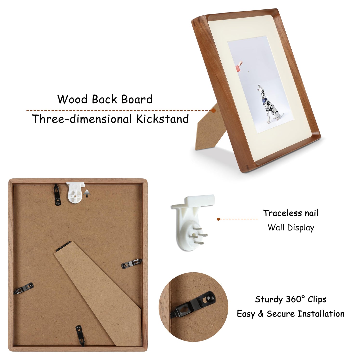 VAUWINEK 5x7 Picture Frame, Display Photos 4x6 with Mat or 5x7 without Mat, Made of Solid Natural Walnut Wood with Real Glass Vertical Horizontal Standing for Desk Tabletop Wall Hanging Gallery Frame