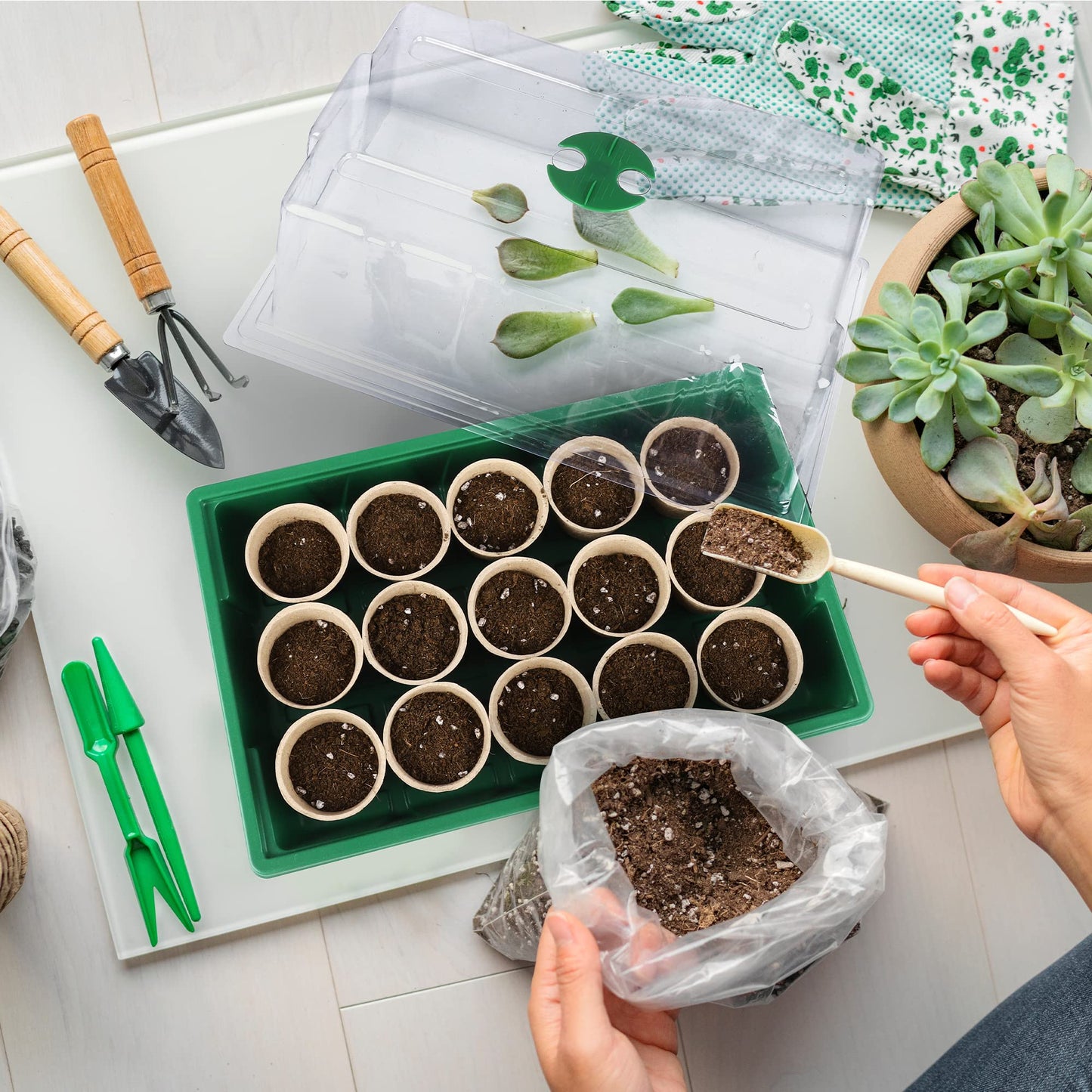 Hahood 4 Pack Seed Starter Tray Set Plants Growing Trays Peat Pots for Seedlings with Seed Starter Pots, Plastic Germination Tray, Plant Labels, Tool for Flower Vegetable Planting, Green