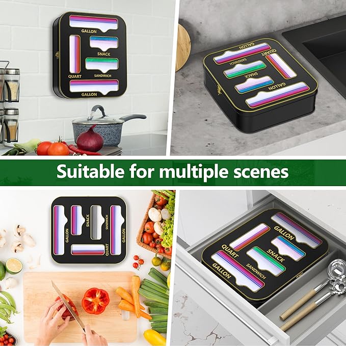 Metal Bag Storage Organizer Kitchen Drawer, Non-Marking Installation of Sandwich Bag Organizer, 5 in 1 Baggie Organizer for Drawer for Gallon, Quart, Snack(Black)
