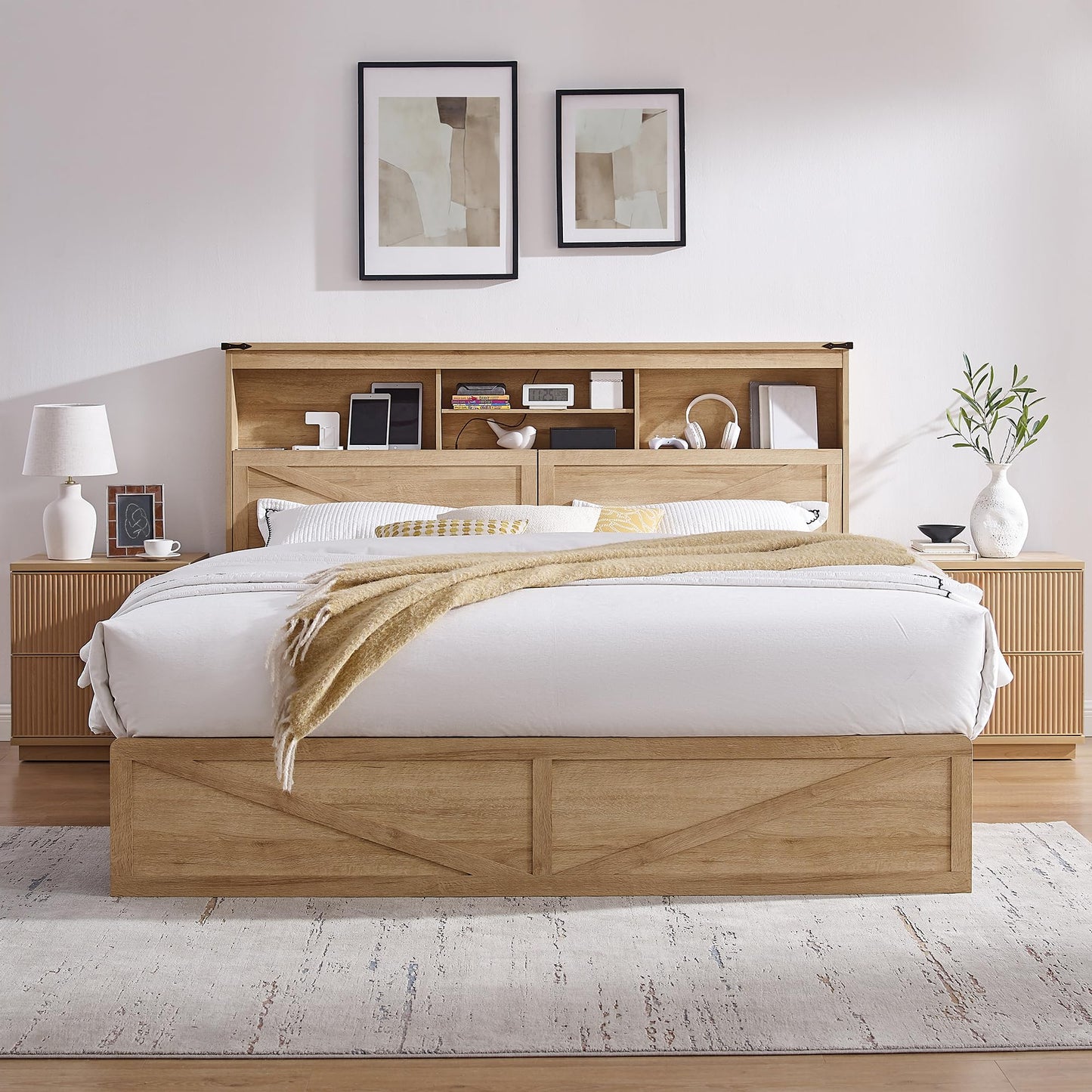 ACCOHOHO Farmhouse Queen Size Bed Frame with 52" Storage Bookcase Headboard and 4 Drawers,Wood Bed Frame with LED Light and Charging Station,Natural Oak