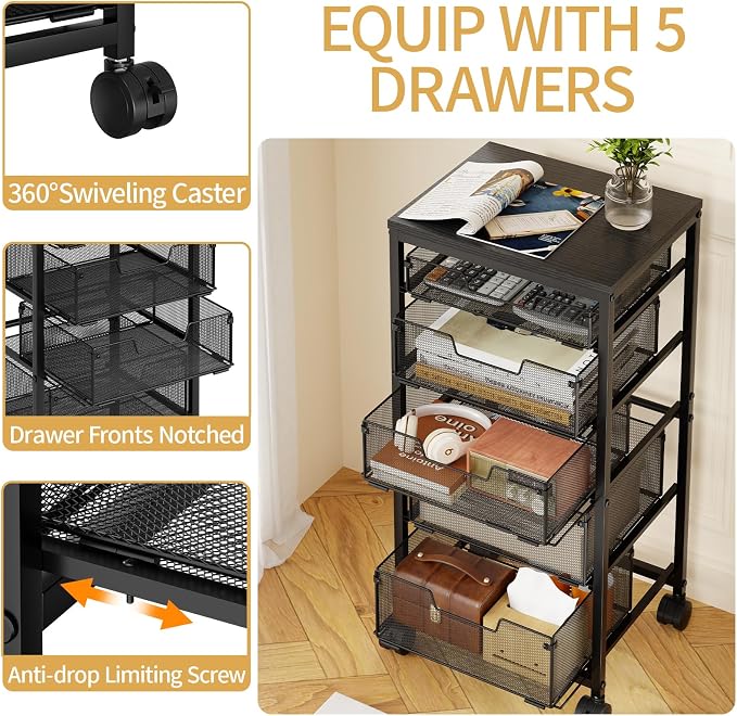 Sbanmao Utility Cart with 5 Drawers, Rolling Storage Cart with Wooden Tabletop and Lockable Wheels, Storage Drawer Cart with Drawers, Craft Cart for Bedroom, Classroom, Home, Office,Black