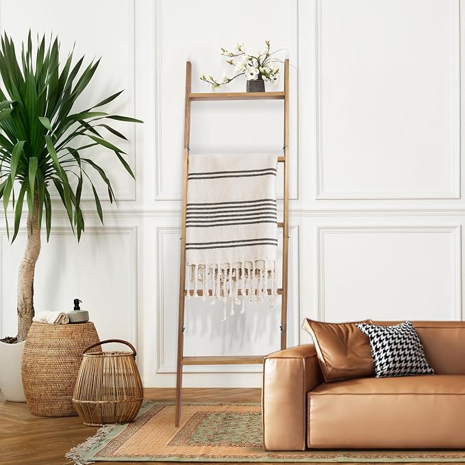 Blanket Ladder, 5-Tier Wooden Quilt Stand, Decorative Ladder Shelf, Leaning Shelf, Wall Leaning Blanket Ladder Towel Storage Rack for Living Room, Walnut