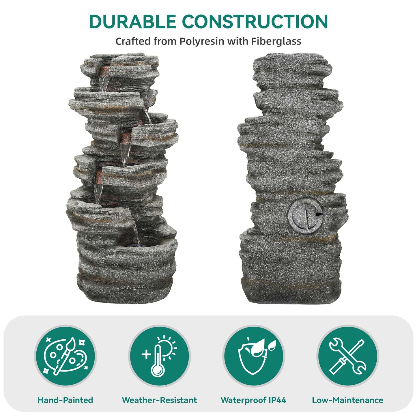 Ultym Extra-Large 6-Tier Outdoor Water Fountain with LED Lights, Cascading Rock Waterfall for Garden Patio Porch, Weather-Resistant Polyresin Water Feature for Tranquil Oasis