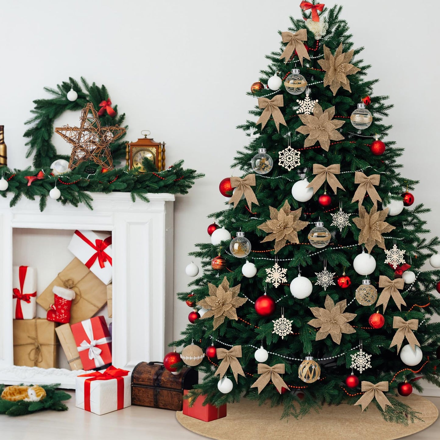 Soulchen Boho Christmas Tree Ornaments Set-40 Pcs Burlap Christmas Tree Decorations Jute Rustic Neutral Skirt Topper Bows Ball Poinsettia Snowflake Hanging Ornament Bulk for Farmhouse Xmas Party Decor
