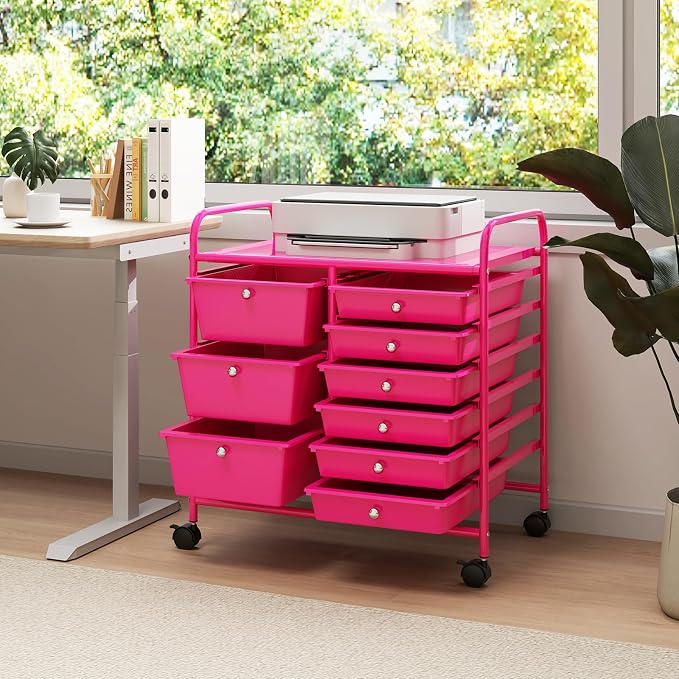 LDAILY 9 Drawer Rolling Storage Cart, Rolling Cart with Drawers for Classroom, Art Supply Craft Organizer on Wheel with Metal Frame & Handles for Home Office School