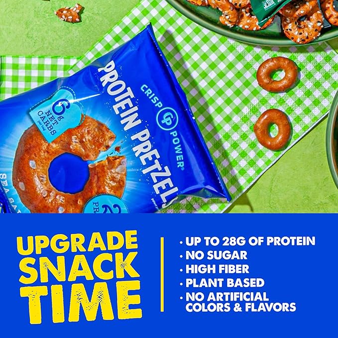 Crisp Power Protein Pretzels, Sea Salt, High Protein Vegan Keto Snack, 28 G Plant Based Protein, Low Carb Crunchy Pretzel Snacks, Sugar Free, No Seed Oils, 1.75 oz Bags, 24 Pack