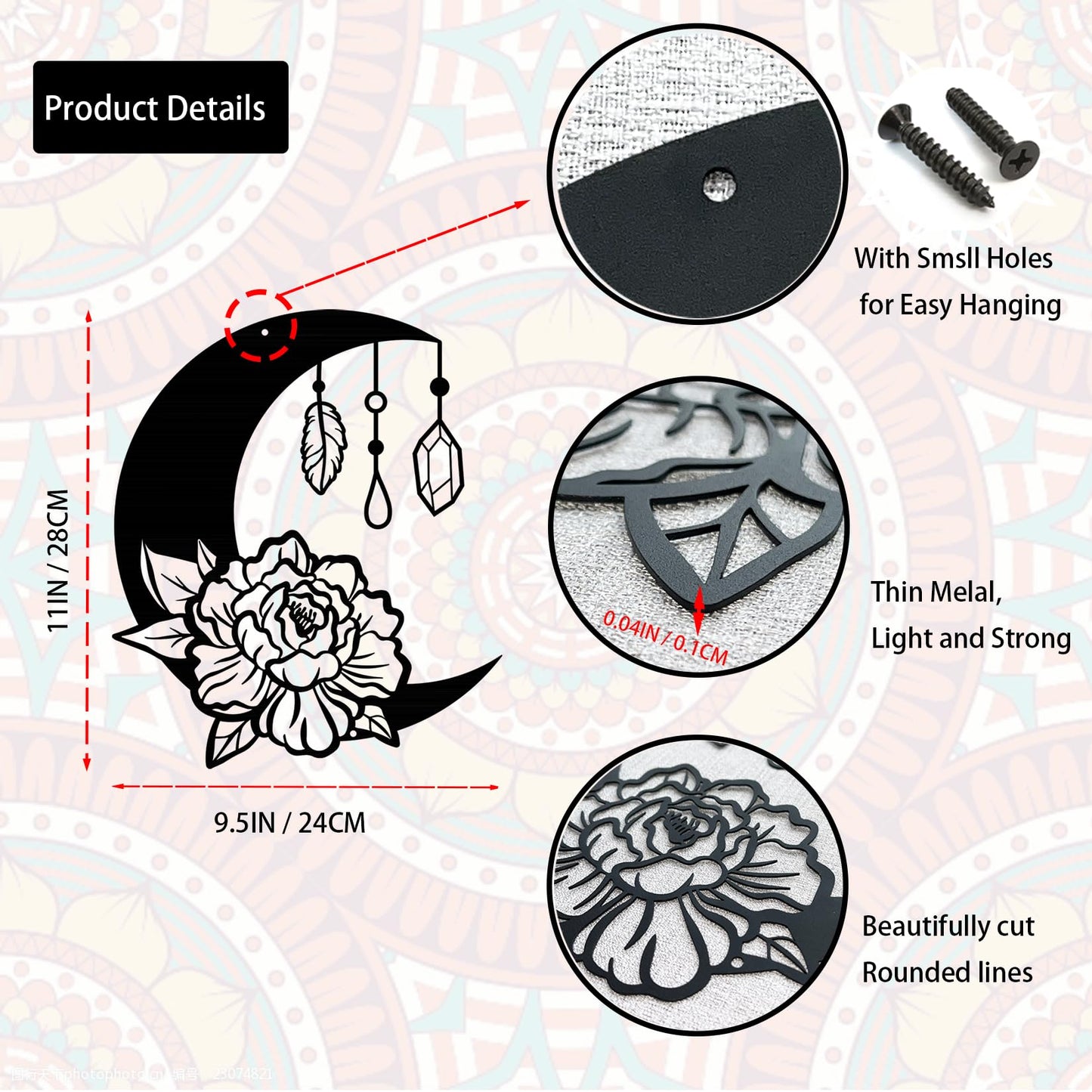 DUOOLN Moon Metal Floral Art Decor - 11" Black Boho Floral Rose Star Phase Wall Sign, Half Moon Flower Sculpture Hanging Wall Decor for Bedroom Living Room Home Wall Decoration