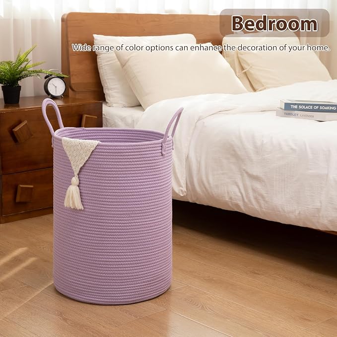 OIAHOMY Large Laundry Basket Hamper - 60L Cotton Rope Woven Basket for Blankets, Toys, Clothes - Tall Decorative Nursery Hamper with Long Handles, Purple