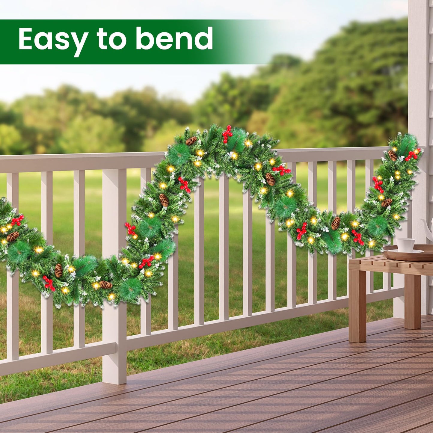 Christmas Garland with Lights, 50 LEDs 9FT Prelit Garland Battery Operated Outdoor Indoor Christmas Decorations Lighted Garland for Stairs Railing Fireplace Mantle Front Door Home Holiday Decor