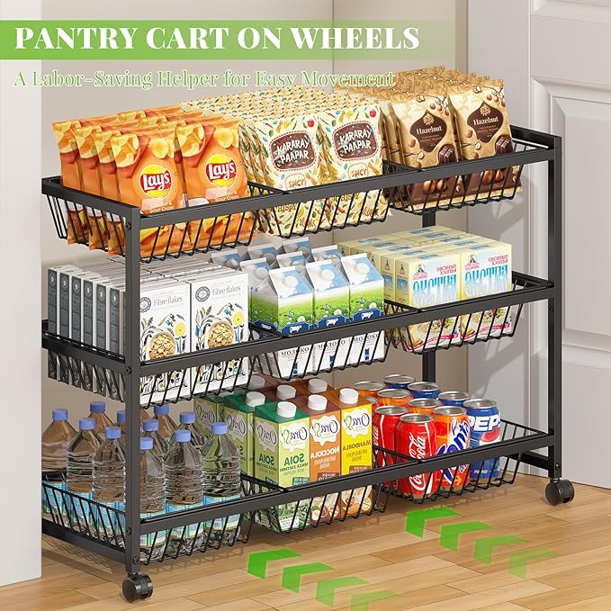 3-Tier Rolling Pantry Cart on Wheels with 9 Removable Baskets, Sturdy Pantry Floor Organizer and Storage, Kitchen Storage Cart for Fruit Vegetables, Snack Organizer for Pantry Kitchen Living Room