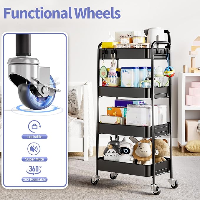 TOOLF 4-Tier Rolling Cart - Metal Storage Organizer with Lockable Wheels, 44 lbs Per Shelf Capacity, Tool-Free Assembly, for Kitchen Bathroom Office Laundry Room Nursery, Black