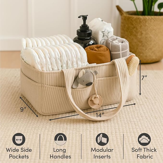 PUTSKA Baby Diaper Caddy Organizer for Changing Table – Stylish Nursery Storage Basket, Newborn Essentials, Baby Shower Gifts and Registry Must-Haves for Boy or Girl, Car Diaper Caddy, Corduroy Cream