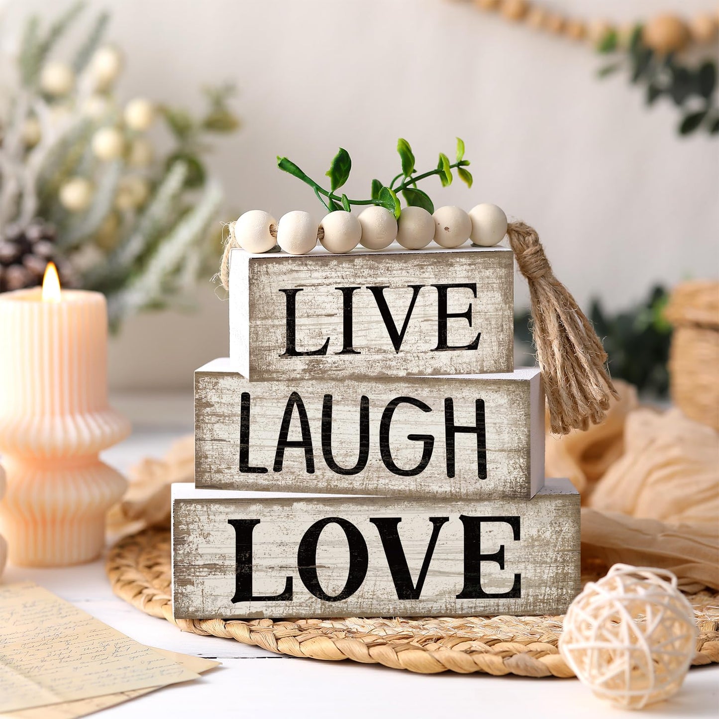 Yuntau 5 Pcs Rustic Farmhouse Tiered Tray Farmhouse Fake Books Decoration Life Laugh Love Wooden Tabletop Decor Love Block Decor Wood Block Sign Gift Centerpiece for Shelf Coffee Mantle Kitchen Table