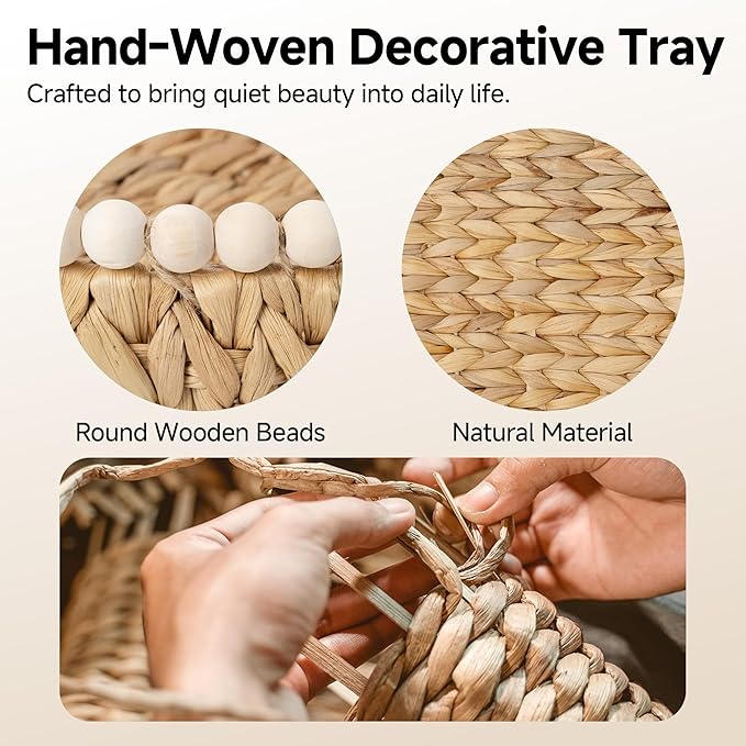 StorageWorks Round Decorative Trays for Home Decor Farmhouse, Wicker Coffee Table Tray Decor with Wooden Beads and Handles, Woven Dining Room Decor Tray for Kitchen Counter,Living Room,Bedroom
