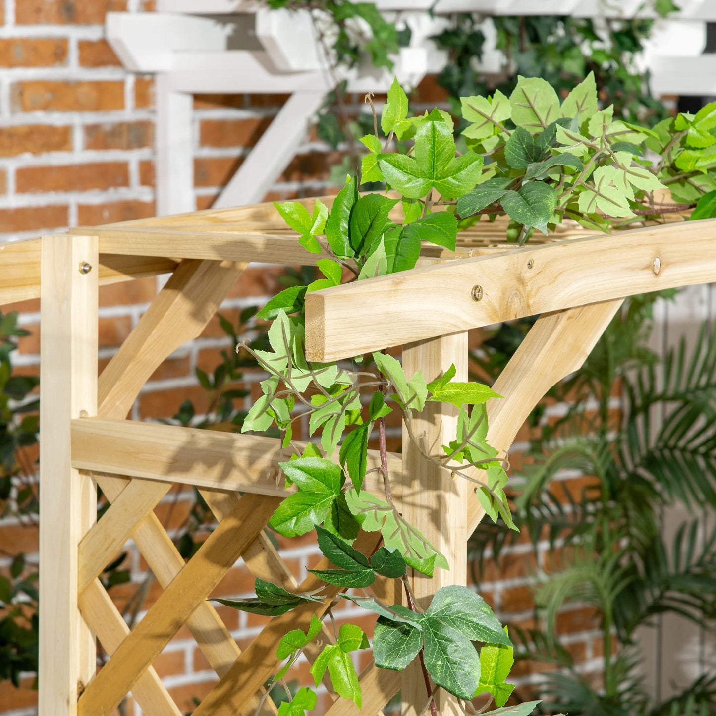 OVX Patio Garden Bench Arbor Arch with Pergola & 2 Trellises, 3-Seat Natural Wooden Outdoor Bench for Grape Vines & Climbing Plants – Backyard Decor, Natural