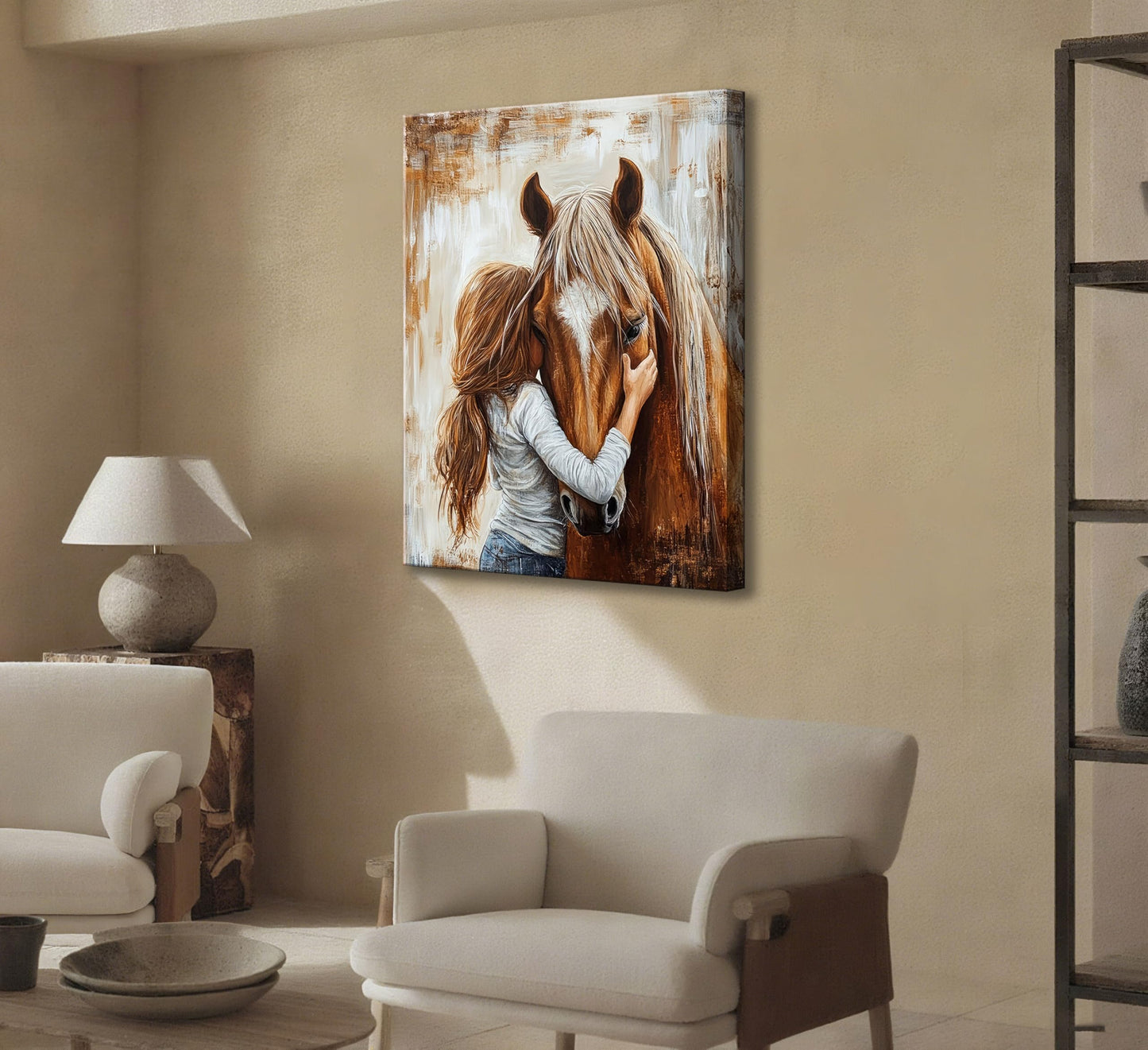 little Girl and Horse Canvas Wall Art Retro Warm Earth Tones Wall Decor Picture Little Girl Hugging Chestnut Horse Poster Print for living Room Bedroom Study Artwork Home Decoration 12x16in