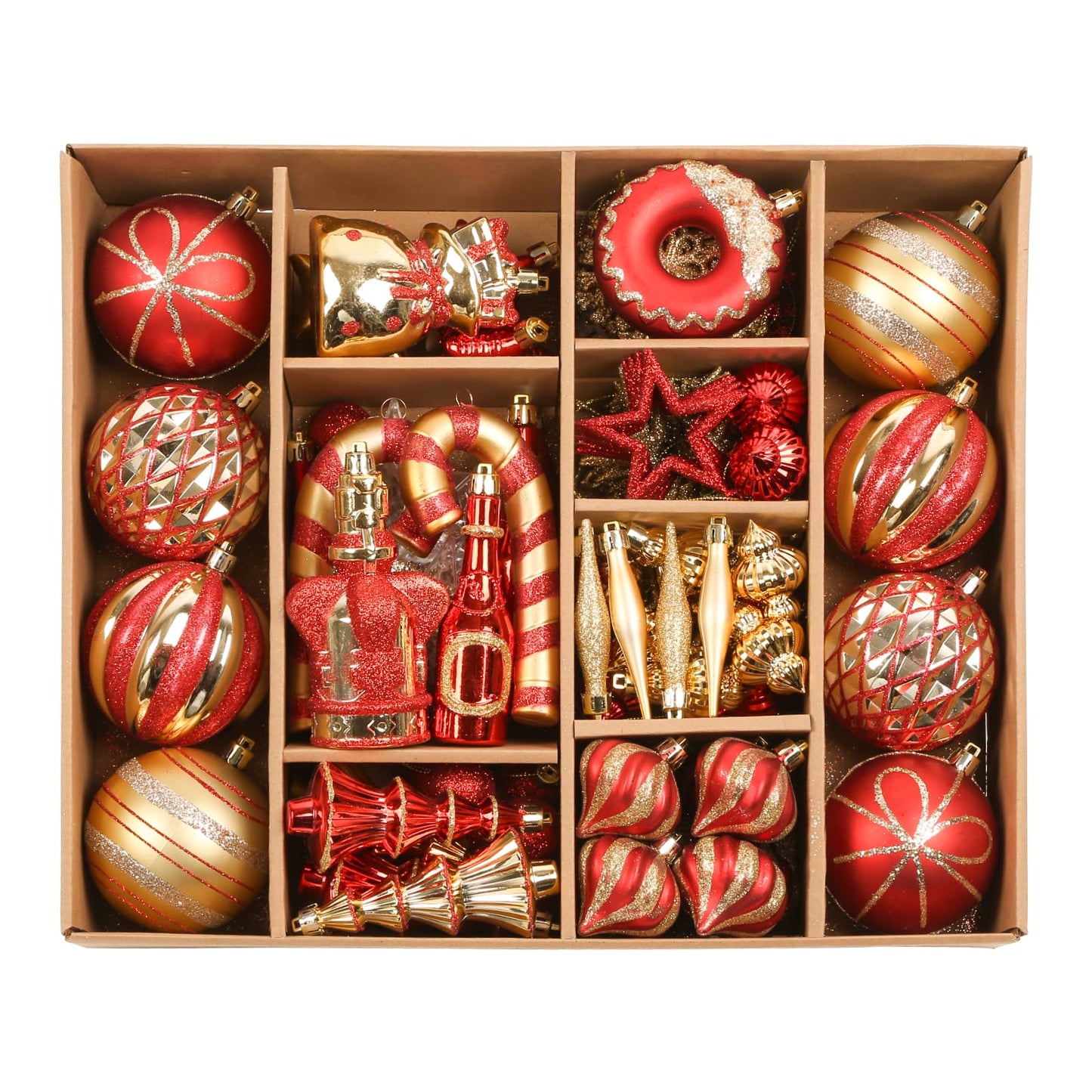 SHareconn 70pcs 2025 Classic Christmas Balls Ornaments Set, Shatterproof Plastic Baubles, Ribbon and Tree Topper for Xmas Tree Holiday Wedding Party Decorations with Hanging Strings, Red and Gold