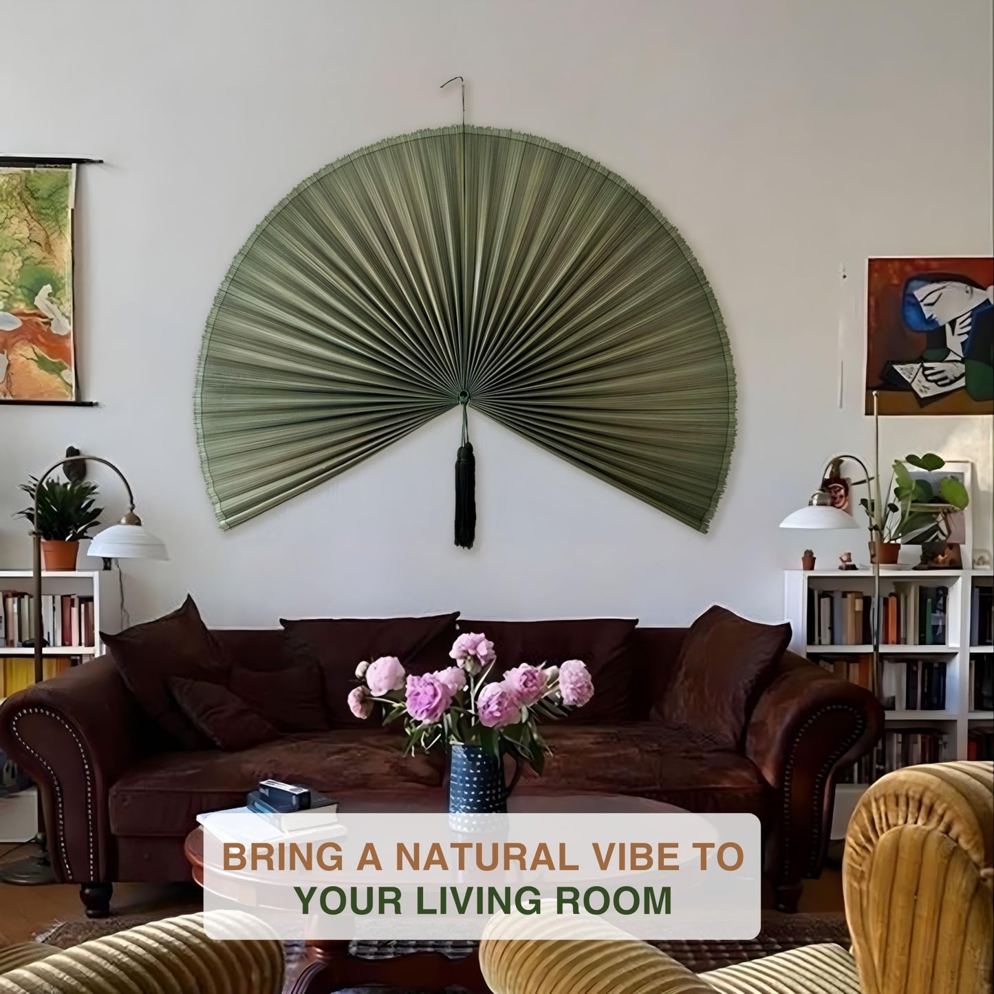 Chicvillage Fan Wall Decor 60", Fan Decor for Bedroom, Wall Fan Decor Large Bamboo Handwoven Art, Decorative Fans for Wall, Boho Headboard Hanging (Green)