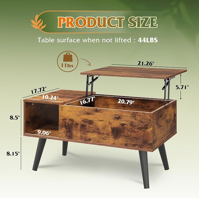 WLIVE Coffee Table for Living Room, Small Coffee Table with Storage, Lift Top Modern Wooden Dining Center Table with Storage Shelf & Hidden Compartment, 31.5" Rustic Brown