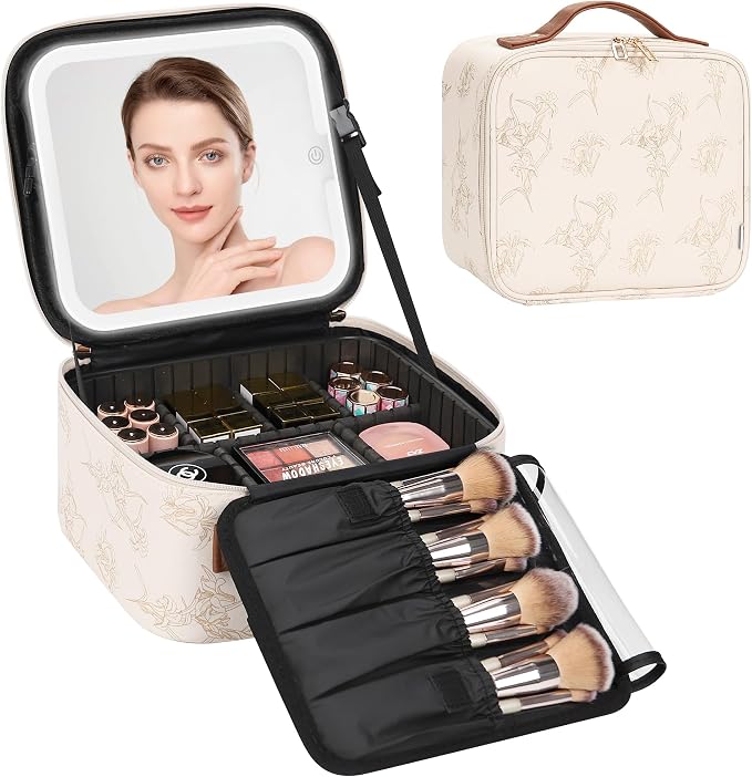 Relavel Travel Makeup Bag With LED Mirror, Portable Cosmetic Organizer Bag with Adjustable Brightness in 3 Color Scenarios, Small Train Case with Detachable Dividers for Trip- Lily Flower