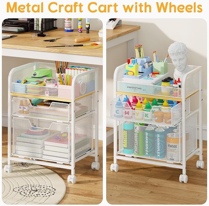 Yociyoga 3 Tier Rolling Cart with Drawers,Pantry Storage Cart with Wheels,Under Desk Storage Cart for Small Space,Pantry Floor Organizers and Storage,Metal Load-Bearing Utility Craft Cart,White
