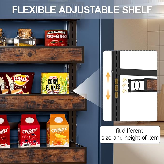 6 Tier Over The Door Pantry Orangizer 2 IN 1 Wall Mounted or Hanging Spice Rack with Adjustable Wood Basket,Heavy Duty Seasoning Storage Shelf for Kitchen Pantry and Bathroom