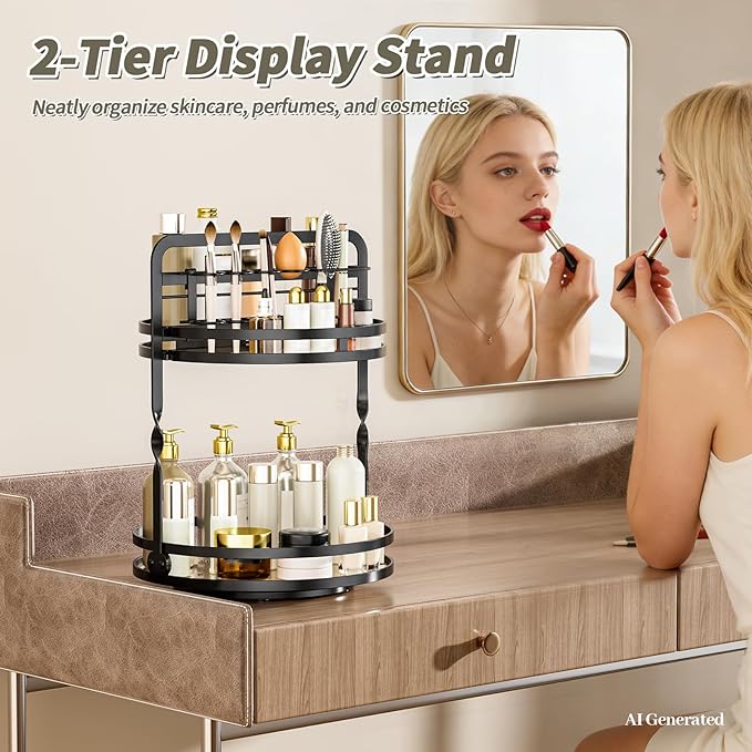 360° Rotating Makeup Organizer, 2-Tier Black Perfume Organizer for Dresser, Bathroom Organizers Countertop, Perfume Shelf with Makeup Brush Holder, Skincare Holder Cosmetic Display(Black)