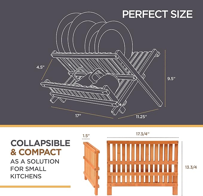 Bambüsi Dish Drying Rack - Collapsible Bamboo 2 Tier Foldable Wooden Dish Drainer for Countertop, Plates Cups Bowls Utensils - Eco Friendly Folding Bamboo Dish Rack for Kitchen Apartment RV Home Small