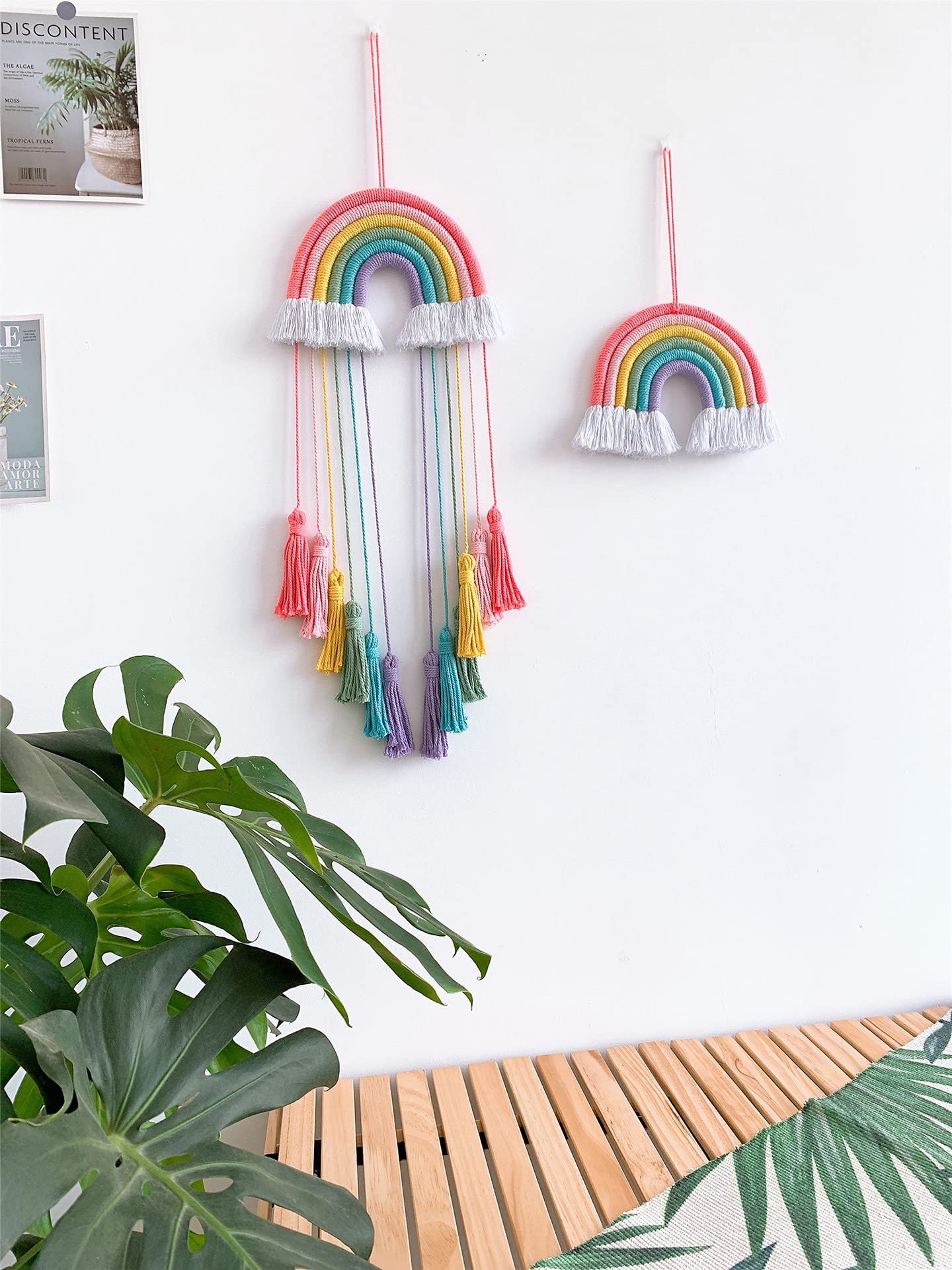 Hand-Woven Rainbow Dreamcatcher Rainbow Dreamcatcher Wall Hanging, Multicolor with Pink Tassels