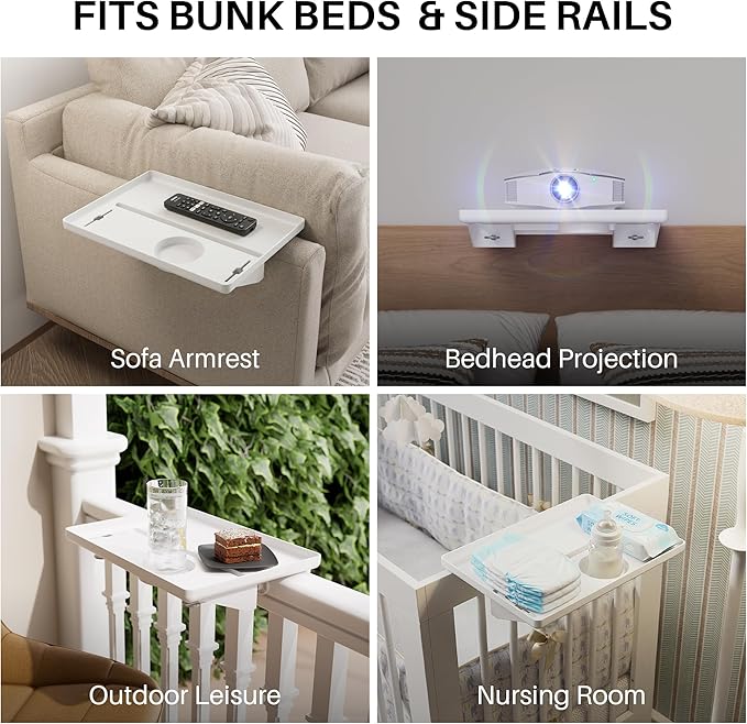 JOYMOOP Clip-On Bedside Shelf for Bunk Beds, Dorm Room Essentials, Bedside Caddy, No-Tool Install Bed Side Table Storage for Loft, Platform Beds, Nightstand Caddy for Phone, Glasses, Book (White)