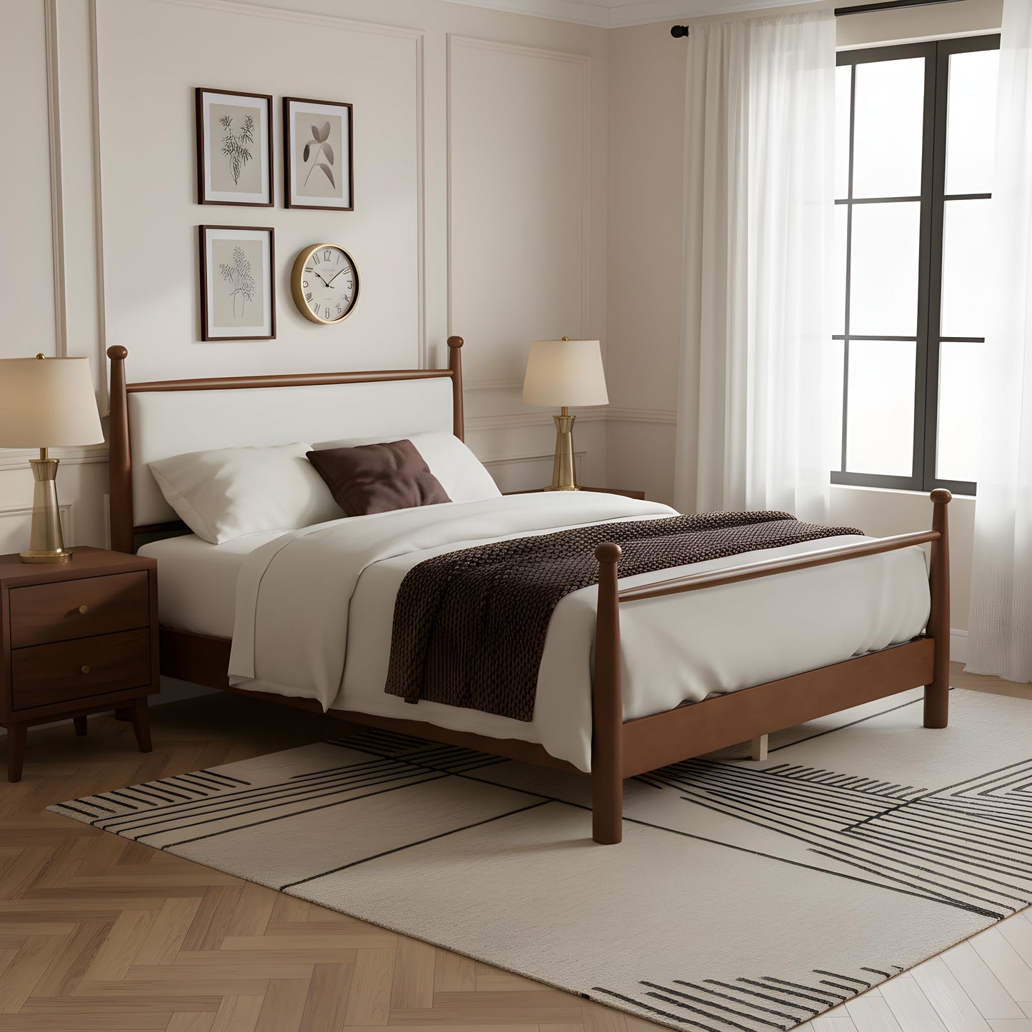 Merax Modern Queen Size Solid Wood Platform Bed with Upholstered Headboard, Mid-Century Low Bed Frame with Sturdy Wood Legs/No Box Spring Needed/Easy Assembly, Beige+Walnut