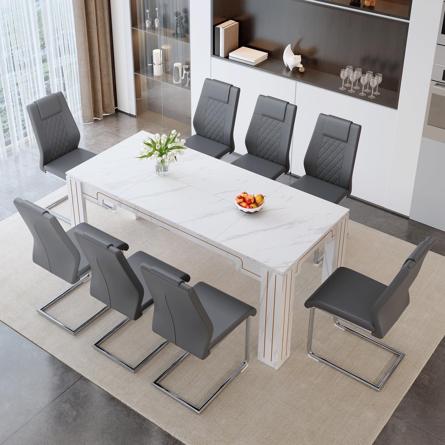 KEIKI 9-Piece Dining Table Set, 71" White Faux Marble Kitchen Table with 8 Dark Gray PU Leather Chairs, Modern Dining Room Set with Silver Metal Legs, Large Rectangular Table for Home, Restaurant