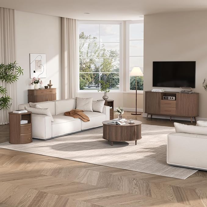JOINICE,Round Coffee Table with Storage, 31.5" Fluted Center Table for Living Room, Modern Walnut Wood Circle Drum Table with Sliding Cabinet Door, Mid Century Furniture for Small Space