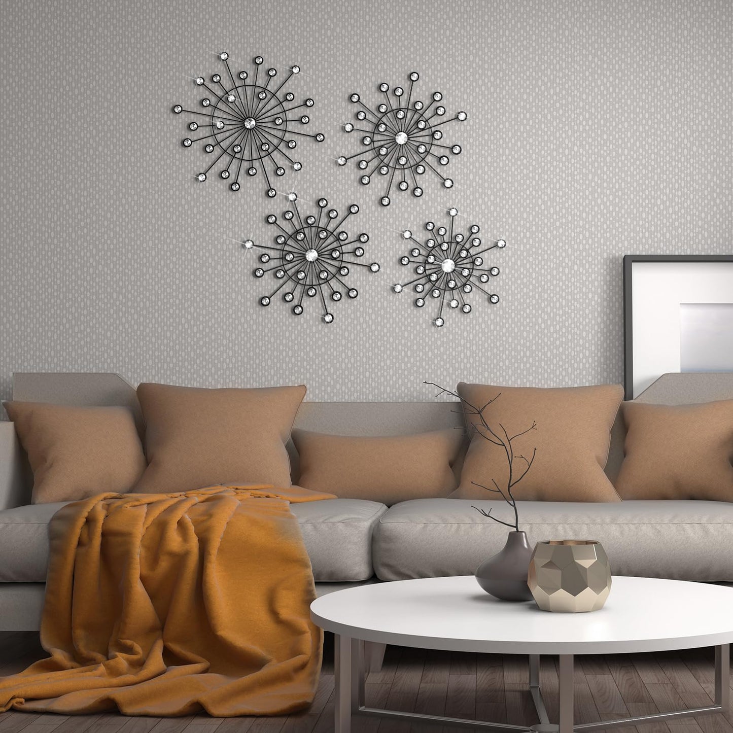 Blulu 4 Pcs Metal Wall Decor Bling Crystal Wall Art Cast Iron Rhinestones Sunburst Decor Starburst Art Hanging Diamond Accents Home Decorative for Living Room Bedroom Entryway(Black)