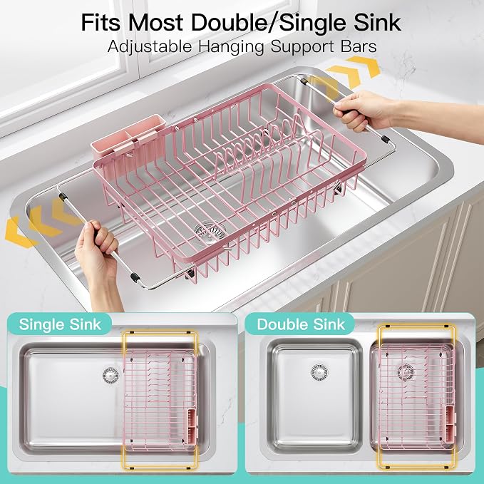 JASIWAY Pink Expandable Stainless Steel Dish Drying Rack Over The Sink for Small Kitchen, Counter Space Saving Compact Plate Drainer Strainer, Adjustable Hanging Metal Dish Dryer with Utensil Holder