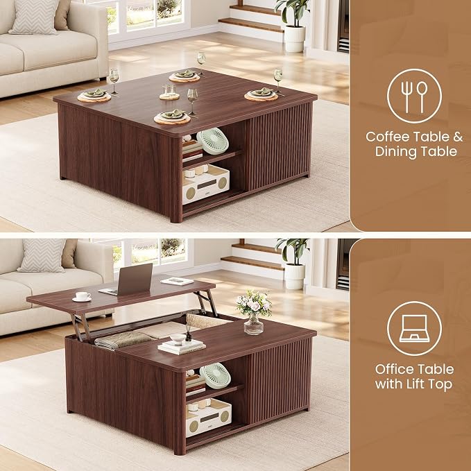 SEDETA 31.5" Lift Top Coffee Table with Storage, Square Coffee Tables for Living Room, Fluted Coffee Table with Large Hidden Storage Compartment and Adjustable Shelves, Walnut