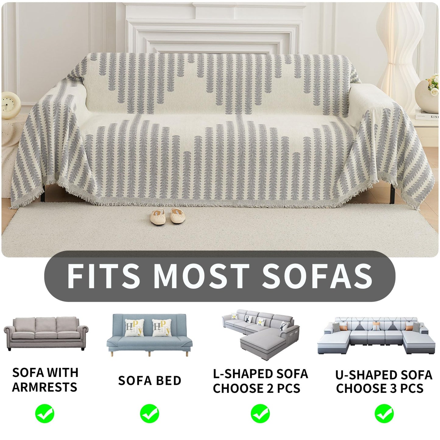 HAOMAIJIA Boho Sofa Covers Couch Covers for 3 Cushion Couch Sofa Pet Friendly Soft Thick Non Slip Couch Cover for Dogs Washable Sectional Couch Covers L Shape Furniture Protecto (Grey, 71"x118")