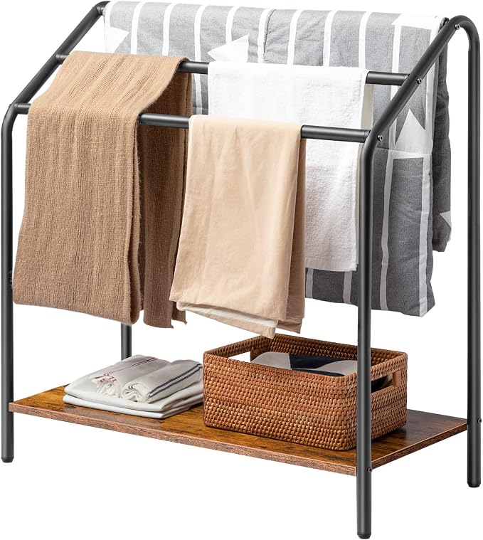 HOOBRO Freestanding Towel-Rack for Bathroom, 3 Tier Blanket Rack for Living Room, 31.5" L x 14.2" W x 33.9" H, Quilt Blanket Ladder Holder, Drying and Display Rack, Rustic Brown and Black BF80LB01