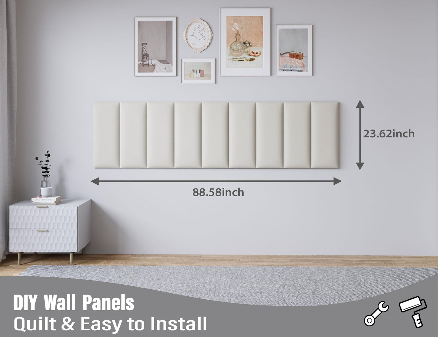 Gorkett Peel and Stick Upholstered Wall Mounted Headboard Queen Size, 9 Panels 3D Soundproof Leather Headboard,Wall Mounted Headboards,Reusable and Removable Wall Panels, 10"x24" White
