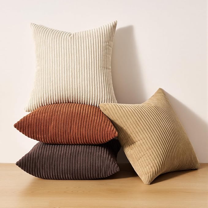 Topfinel 20x20 Decorative Pillow Covers Set of 4 Rustic Modern Soft Corduroy Striped Cushion Covers Beige Brown Gradient Farmhouse Pillow Case for Sofa Couch Living Room Bedroom