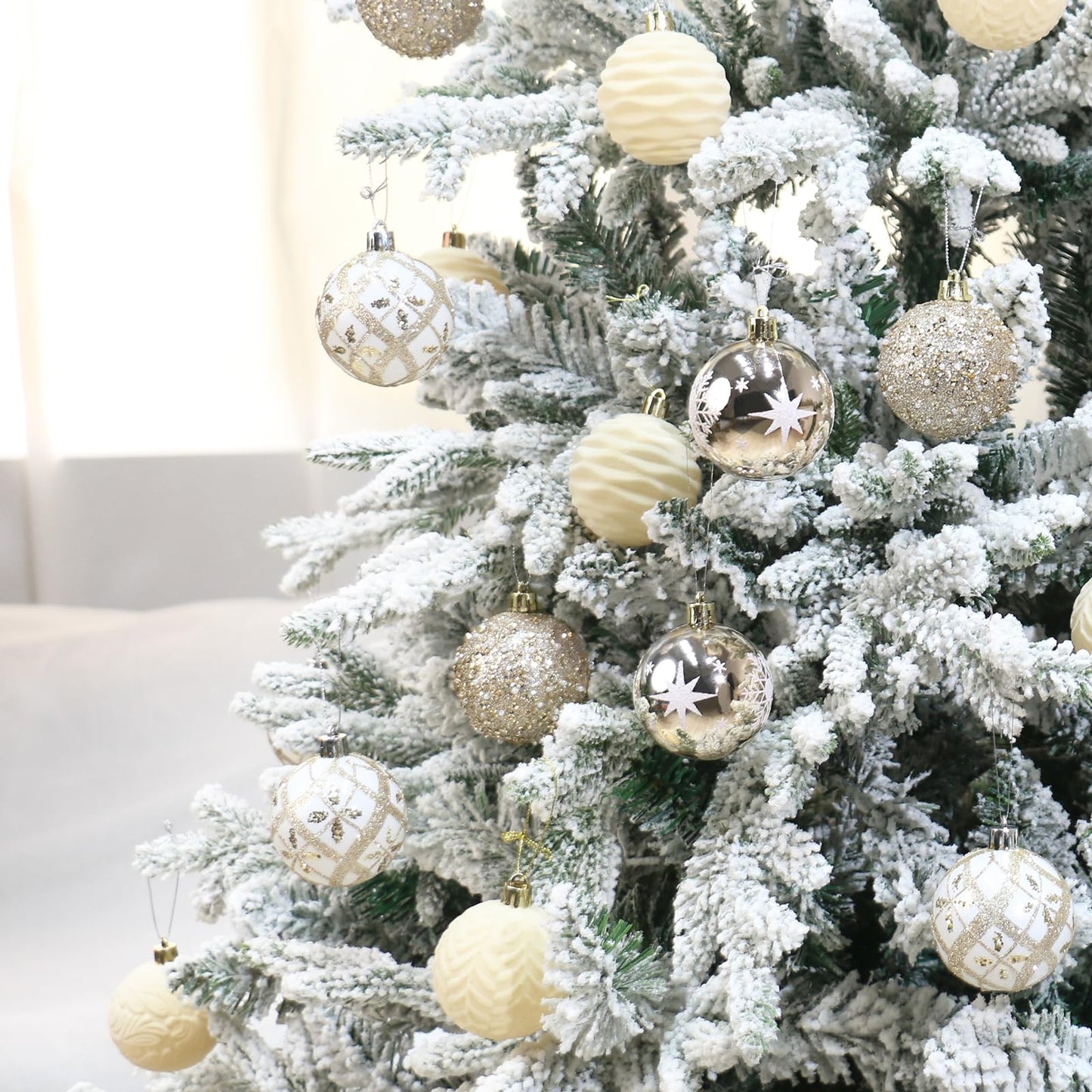 YINGQIWISH 2.36In Velvet Christmas Ball Ornaments, 25PCS Champagne Flocked Christmas Tree Hanging Decorations, for Home Holiday Wedding Indoor Xmas Party Decor.