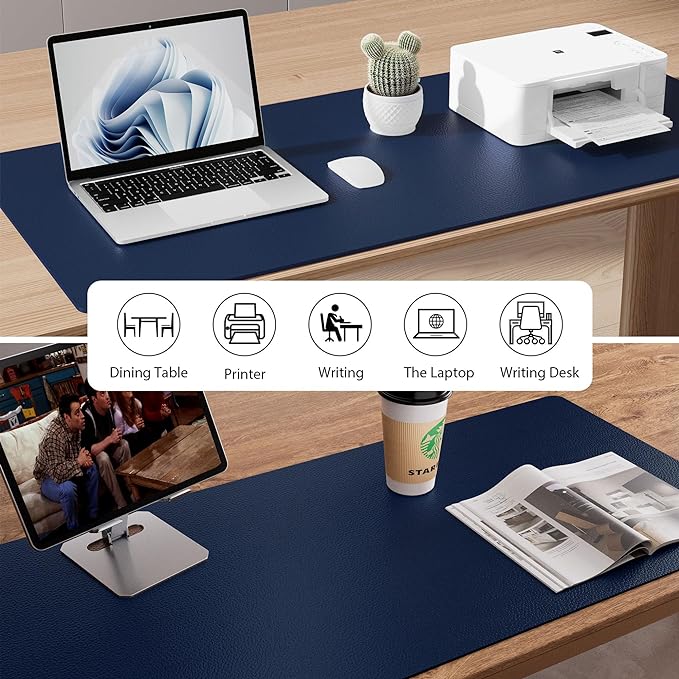 Aothia Faux Leather Desk Mat - Non-Slip PU Leather Desk Blotter, Waterproof Writing Surface, Large Desk Pad for Office & Home (Dark Blue, 55" x 17")