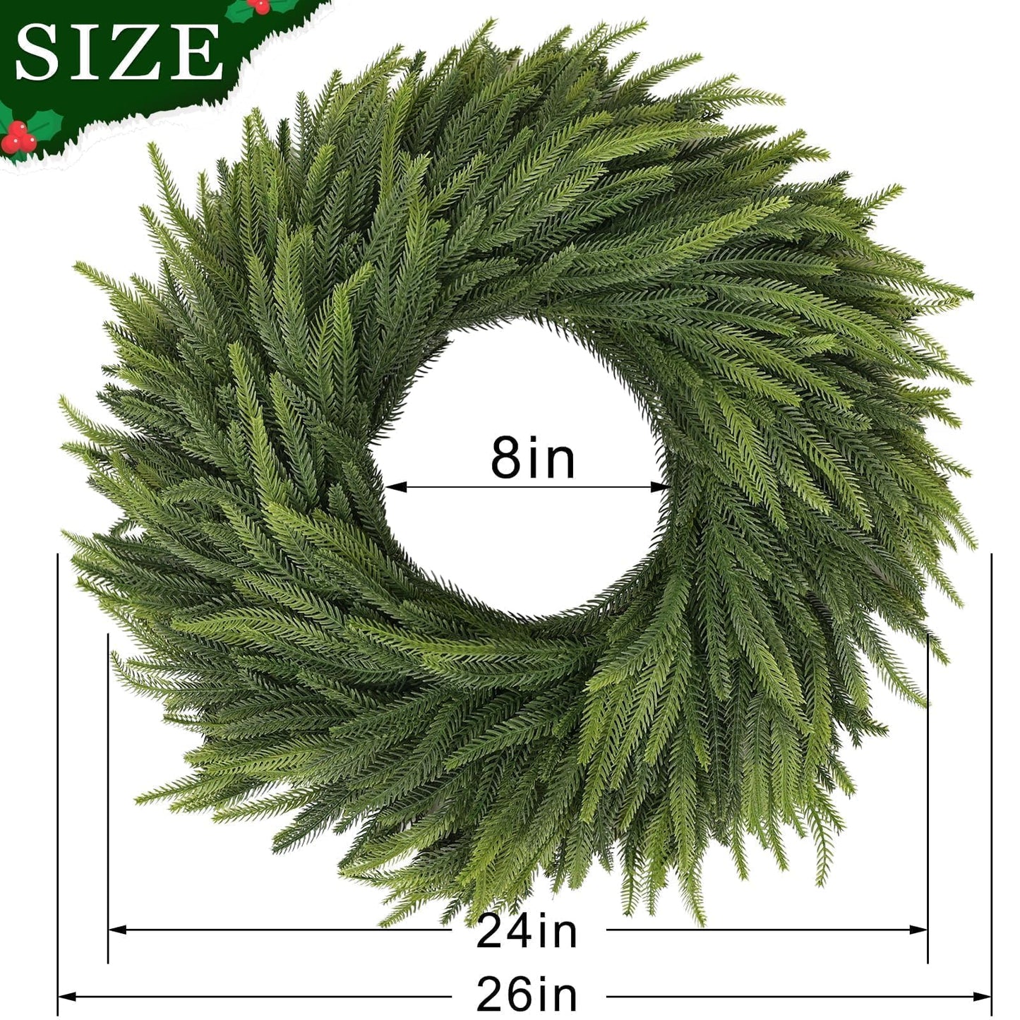 26" Large Christmas Norfolk Pine Wreath - Artificial Christmas Wreaths Faux Pine Needles Fake Green Wreath for Front Door, Wall, Windows, Home,Outdoor,Xmas Decor