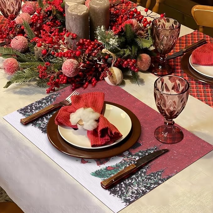 Aofmee Christmas Placemats Set of 6, Washable Christmas Place Mats for Party Kitchen Dining Decoration, Indoor/Outdoor Woven Vinyl Table Mats, Non-Slip Heat Resistant Holiday Placemats, Easy to Clean