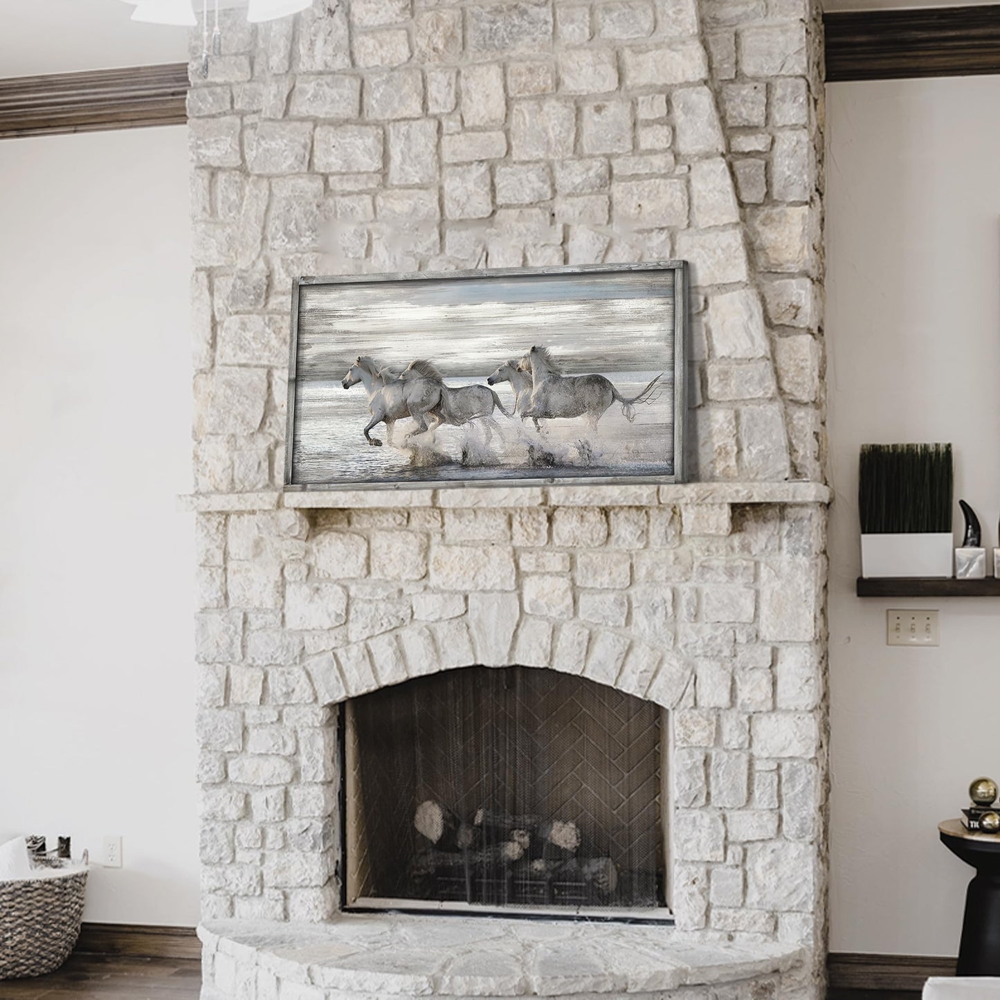 Horse Pictures Wall Art Framed: Running Animal Horses Print on Textured Natural Wood with Handcrafts Rustic Sturdy Framed Artwork for Farmhouse Decor (40'' x 20'' x 1 Panel)